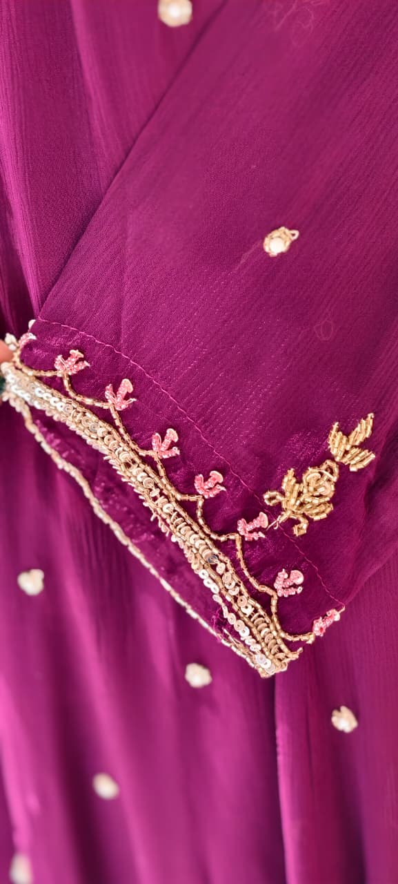 Elegant Chinon Anarkali Suit Set with Heavy Handwork Embroidered Neckline Full Suit 14018 W44