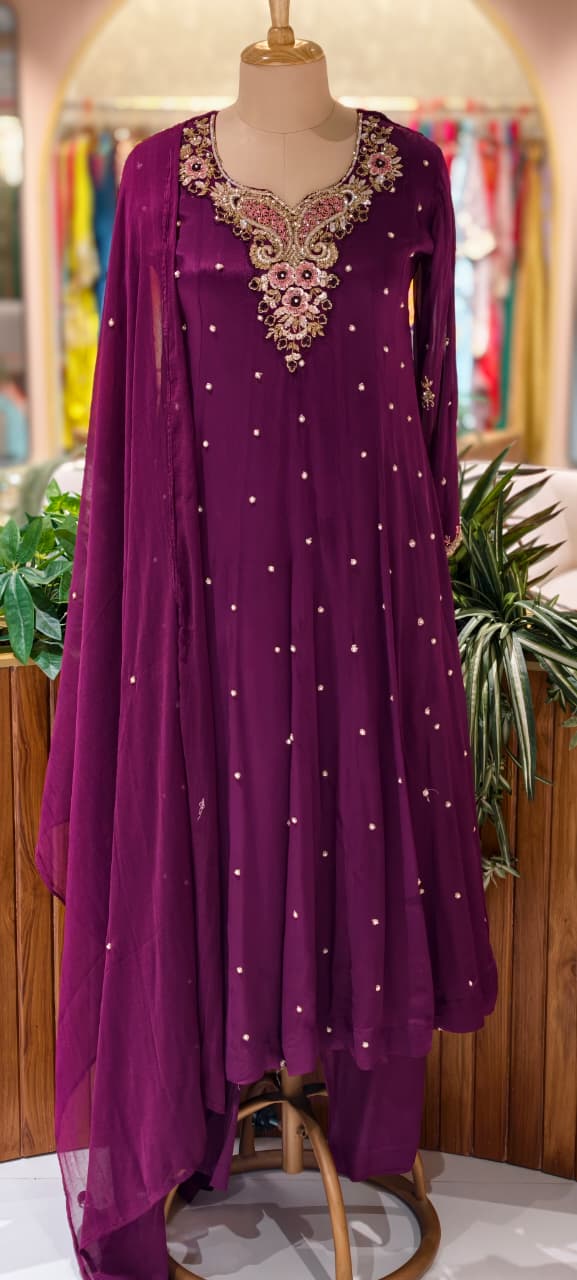 Elegant Chinon Anarkali Suit Set with Heavy Handwork Embroidered Neckline Full Suit 14018 W44