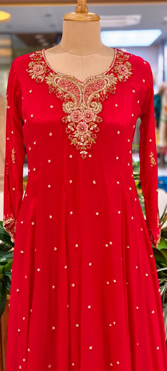 Elegant Chinon Anarkali Suit Set with Heavy Handwork Embroidered Neckline Full Suit 14018 W44