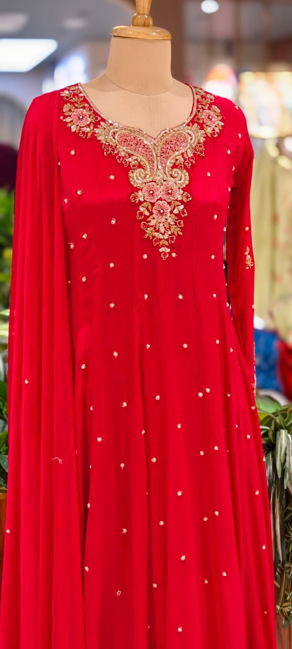 Elegant Chinon Anarkali Suit Set with Heavy Handwork Embroidered Neckline Full Suit 14018 W44
