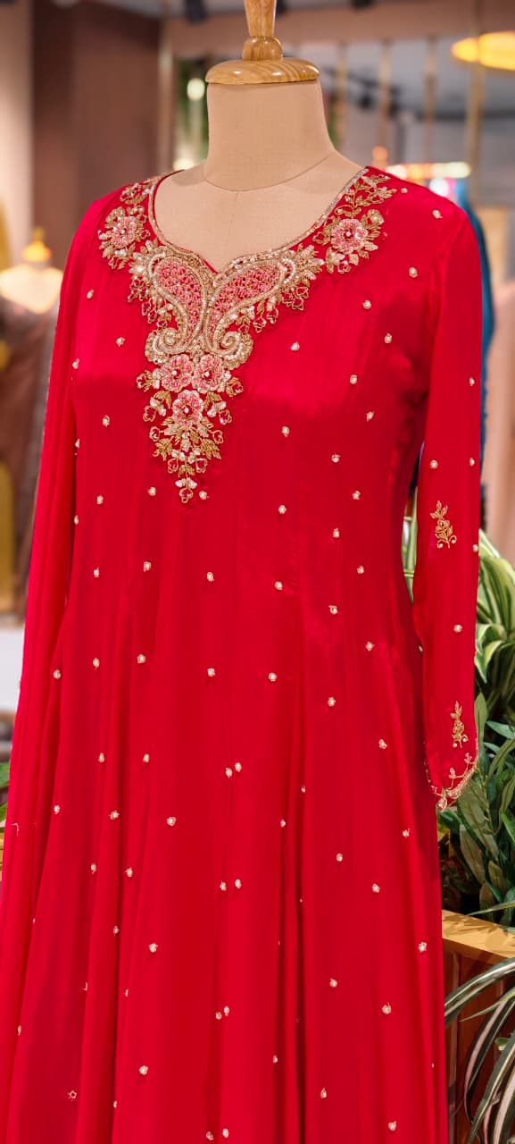 Elegant Chinon Anarkali Suit Set with Heavy Handwork Embroidered Neckline Full Suit 14018 W44