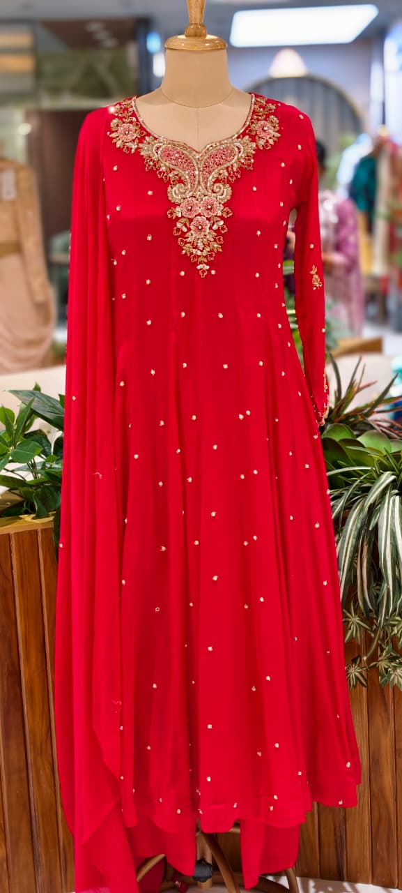 Elegant Chinon Anarkali Suit Set with Heavy Handwork Embroidered Neckline Full Suit 14018 W44