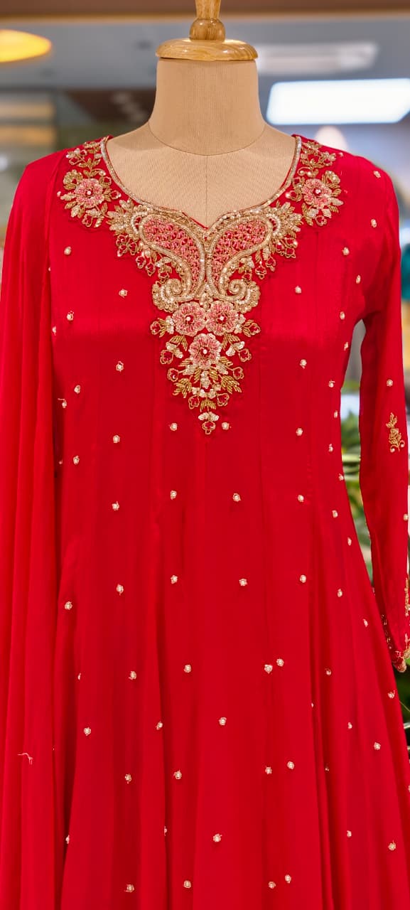 Elegant Chinon Anarkali Suit Set with Heavy Handwork Embroidered Neckline Full Suit 14018 W44