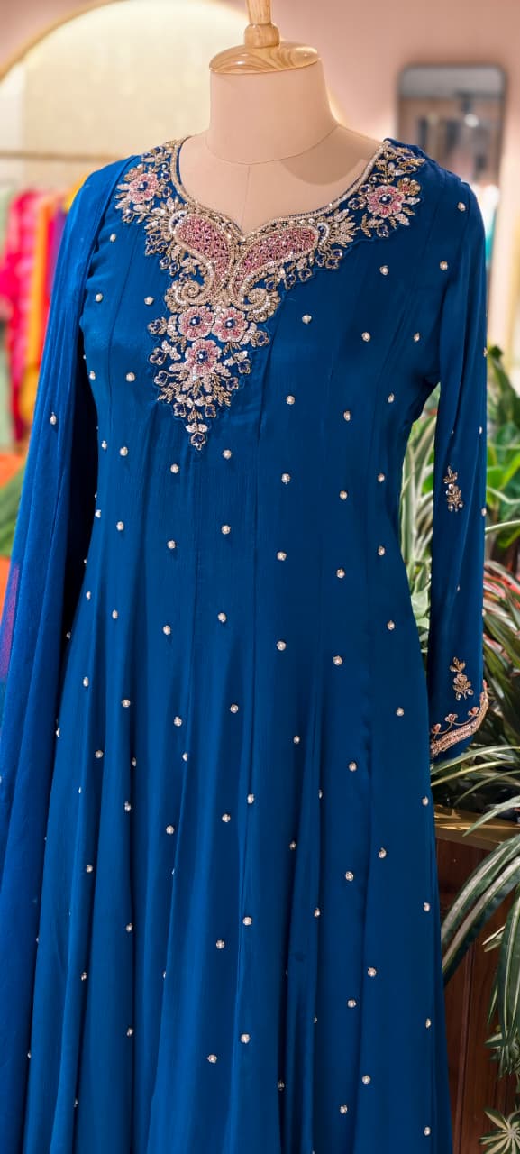 Elegant Chinon Anarkali Suit Set with Heavy Handwork Embroidered Neckline Full Suit 14018 W44