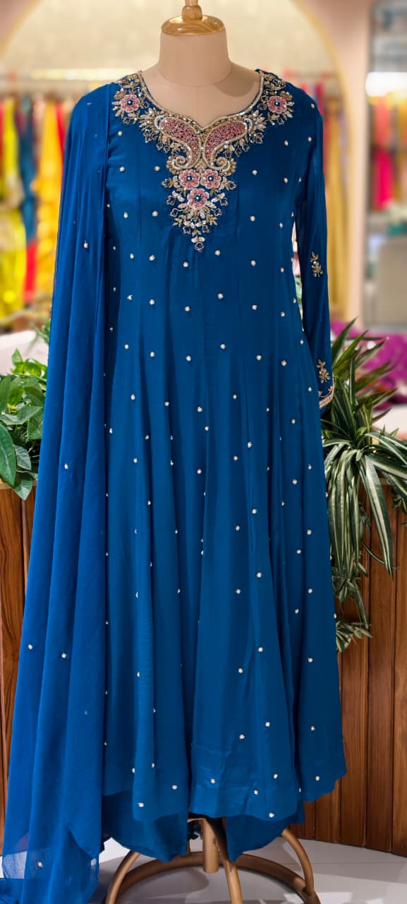 Elegant Chinon Anarkali Suit Set with Heavy Handwork Embroidered Neckline Full Suit 14018 W44