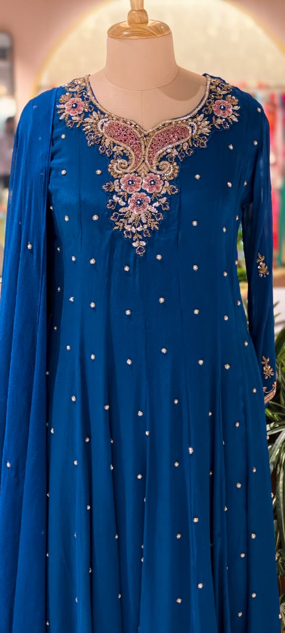Elegant Chinon Anarkali Suit Set with Heavy Handwork Embroidered Neckline Full Suit 14018 W44