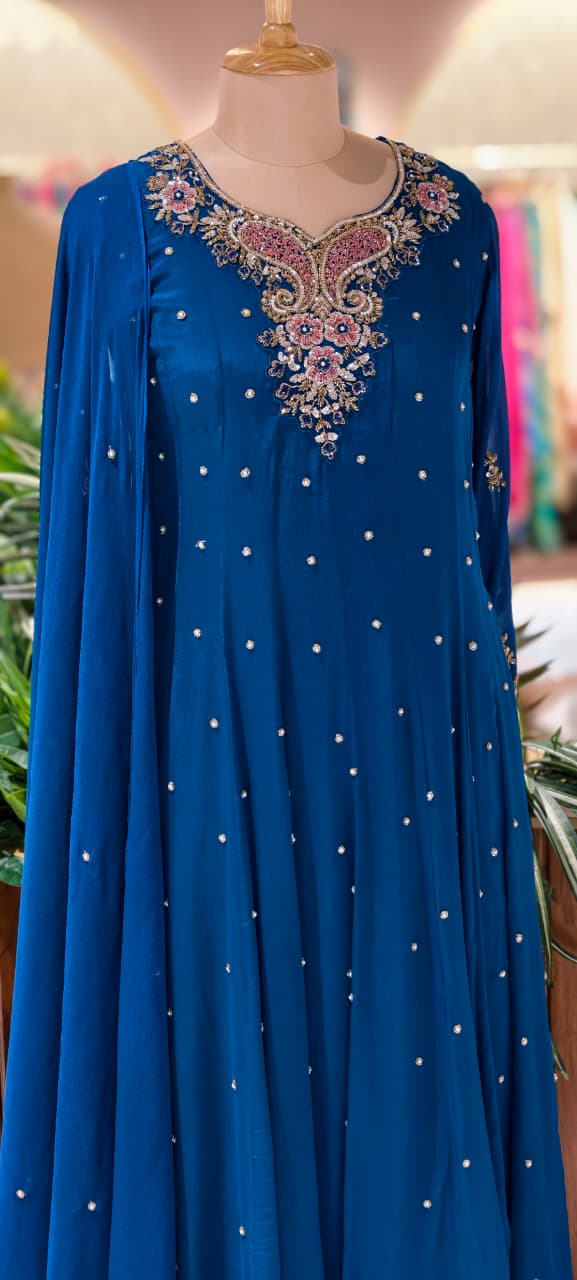 Elegant Chinon Anarkali Suit Set with Heavy Handwork Embroidered Neckline Full Suit 14018 W44