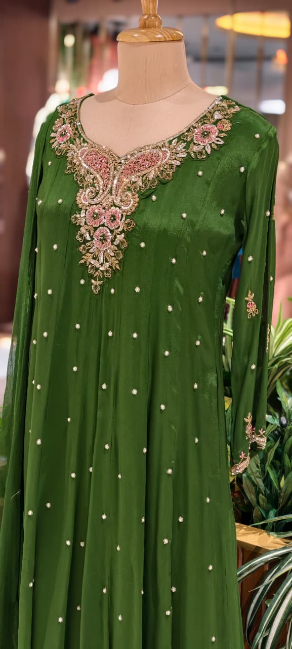 Elegant Chinon Anarkali Suit Set with Heavy Handwork Embroidered Neckline Full Suit 14018 W44