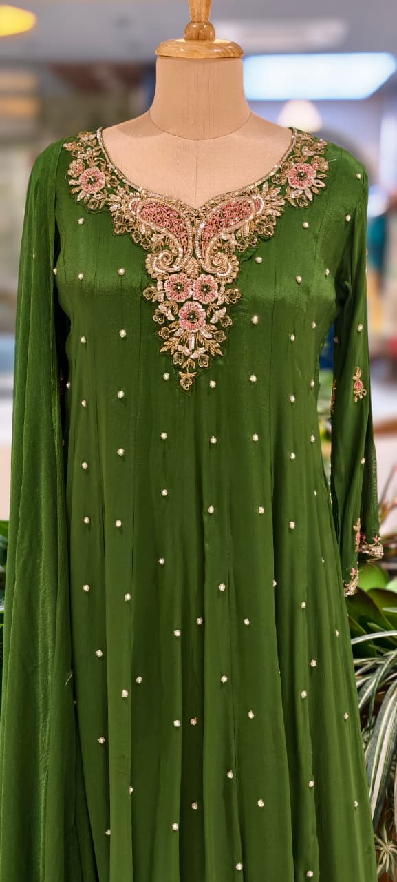 Elegant Chinon Anarkali Suit Set with Heavy Handwork Embroidered Neckline Full Suit 14018 W44