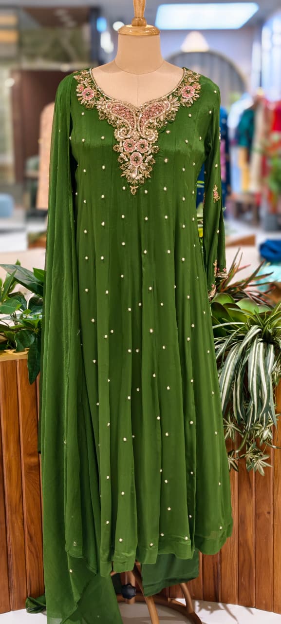 Elegant Chinon Anarkali Suit Set with Heavy Handwork Embroidered Neckline Full Suit 14018 W44