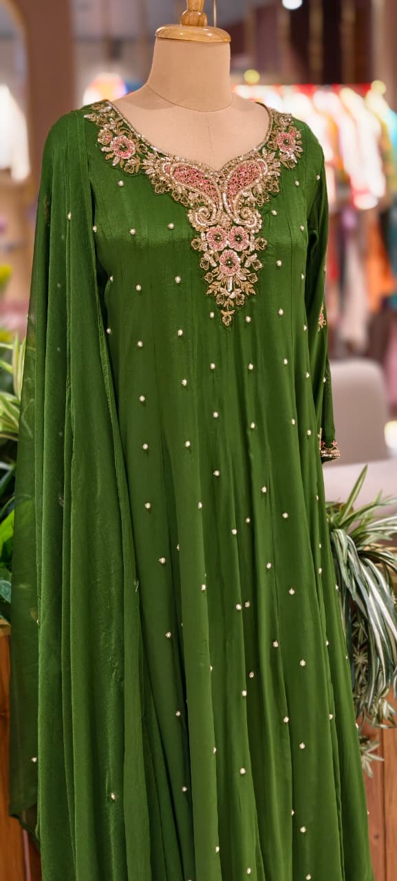 Elegant Chinon Anarkali Suit Set with Heavy Handwork Embroidered Neckline Full Suit 14018 W44