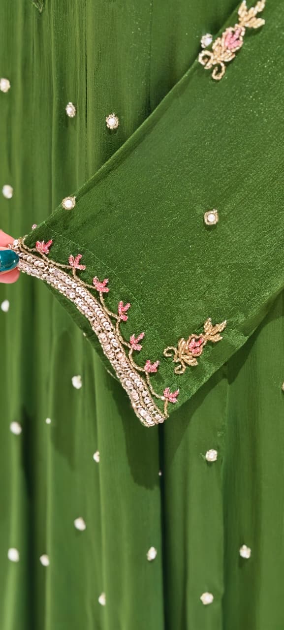 Elegant Chinon Anarkali Suit Set with Heavy Handwork Embroidered Neckline Full Suit 14018 W44