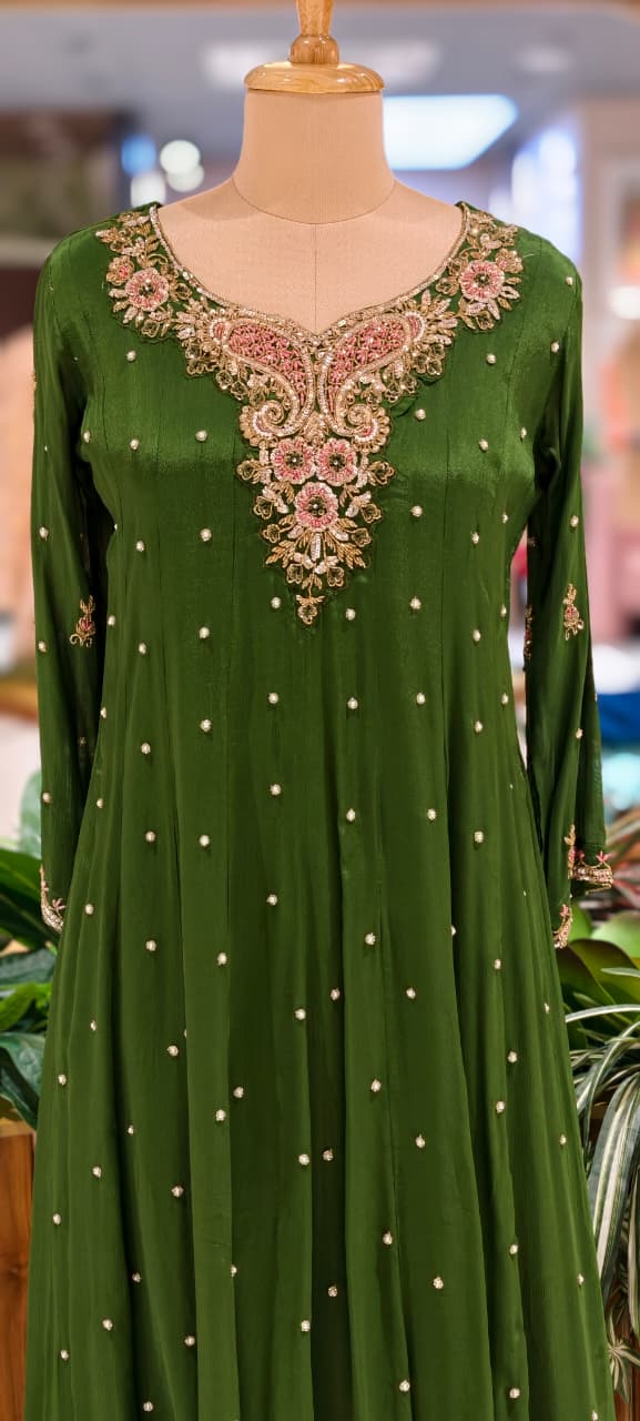 Elegant Chinon Anarkali Suit Set with Heavy Handwork Embroidered Neckline Full Suit 14018 W44