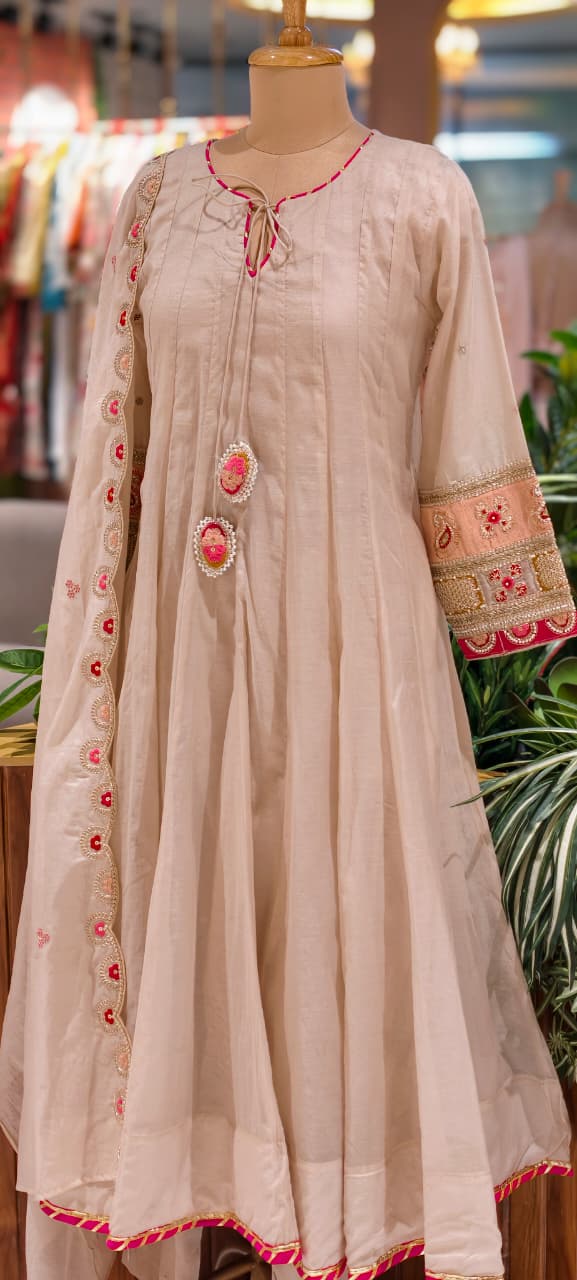 Metallic Taupe Gracious Work Sleeve Panel Anarkali Full Suit Set With Dupatta- 14078 W38