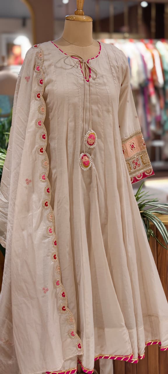Metallic Taupe Gracious Work Sleeve Panel Anarkali Full Suit Set With Dupatta- 14078 W38