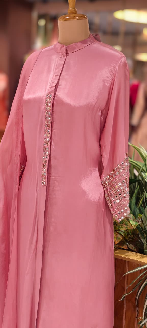 Stunning Real Mirror Work Solid Plain Rose Mesh Anarkali Full Suit Set With Dupatta 14039 W40
