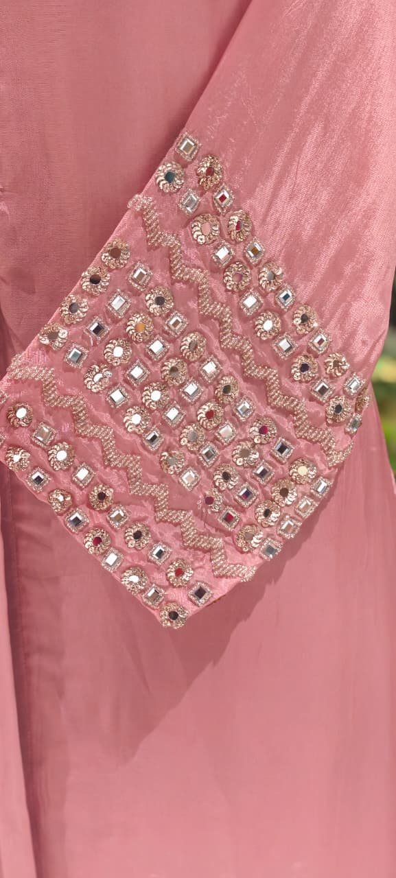 Stunning Real Mirror Work Solid Plain Rose Mesh Anarkali Full Suit Set With Dupatta 14039 W40