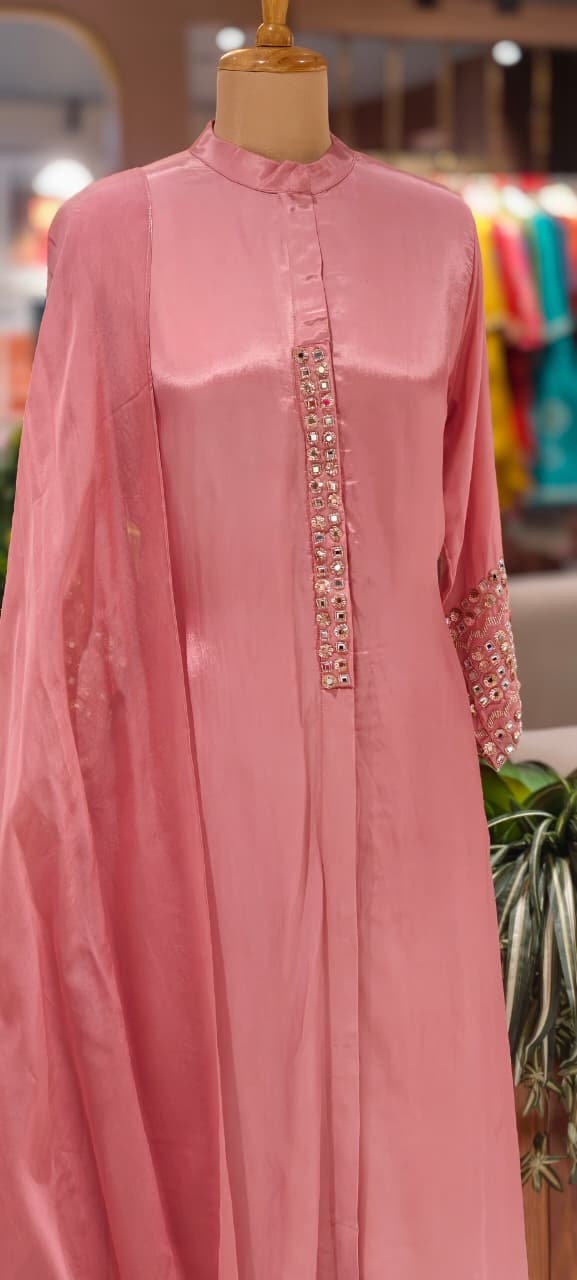 Stunning Real Mirror Work Solid Plain Rose Mesh Anarkali Full Suit Set With Dupatta 14039 W40
