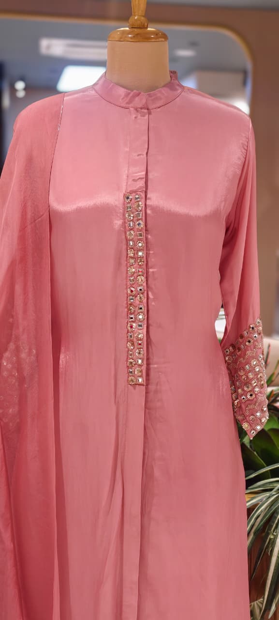 Stunning Real Mirror Work Solid Plain Rose Mesh Anarkali Full Suit Set With Dupatta 14039 W40