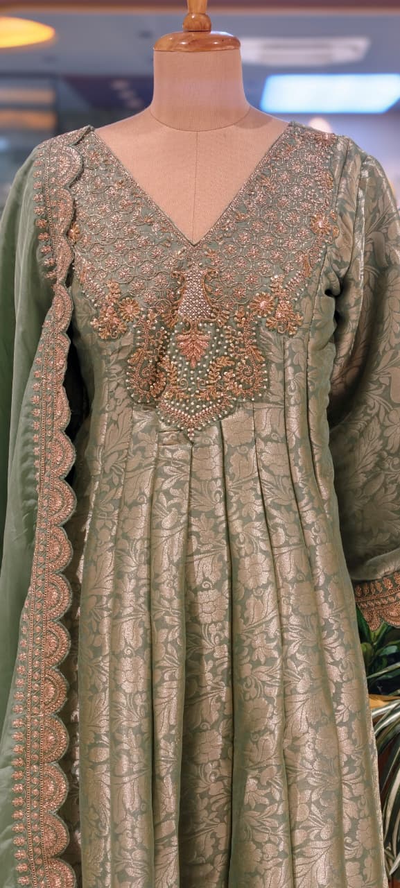 Jacquard Pattern Stunning Heavy Neck Embroidery Brocade Panel Anarkali Full Set- 14072 W36