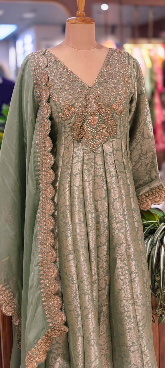 Jacquard Pattern Stunning Heavy Neck Embroidery Brocade Panel Anarkali Full Set- 14072 W36