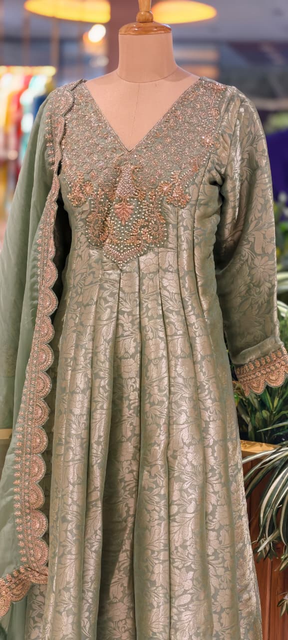 Jacquard Pattern Stunning Heavy Neck Embroidery Brocade Panel Anarkali Full Set- 14072 W36