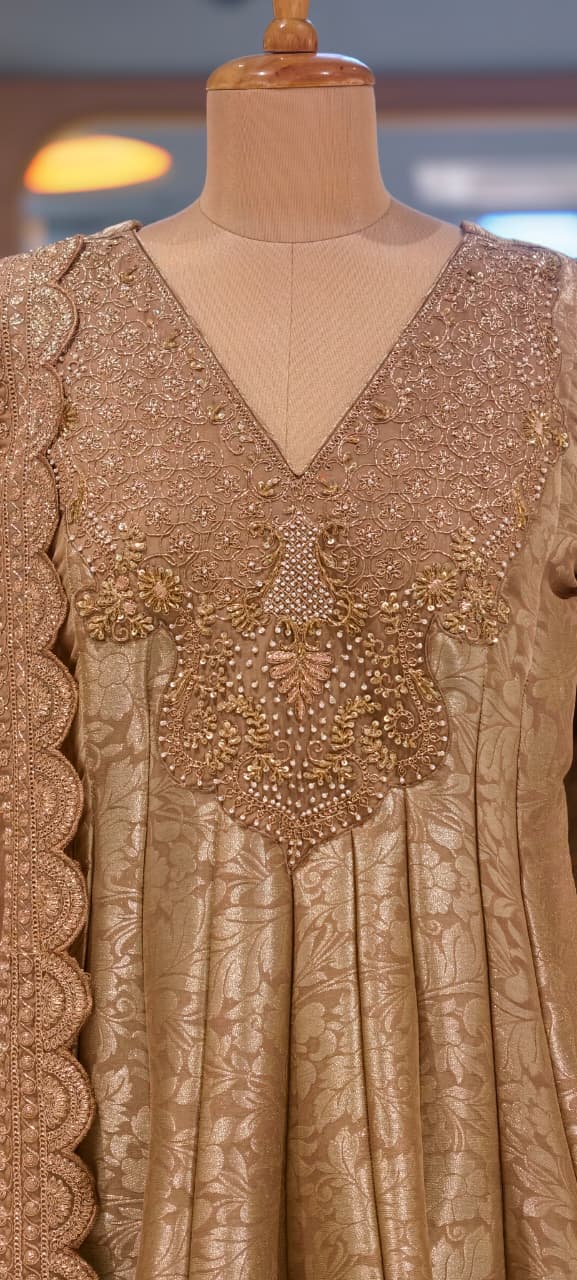 Jacquard Pattern Stunning Heavy Neck Embroidery Brocade Panel Anarkali Full Set- 14072 W36