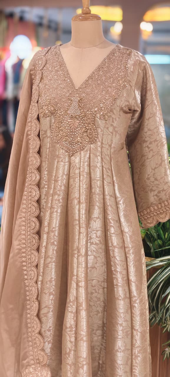 Jacquard Pattern Stunning Heavy Neck Embroidery Brocade Panel Anarkali Full Set- 14072 W36