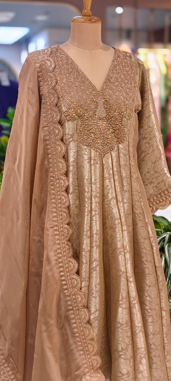 Jacquard Pattern Stunning Heavy Neck Embroidery Brocade Panel Anarkali Full Set- 14072 W36
