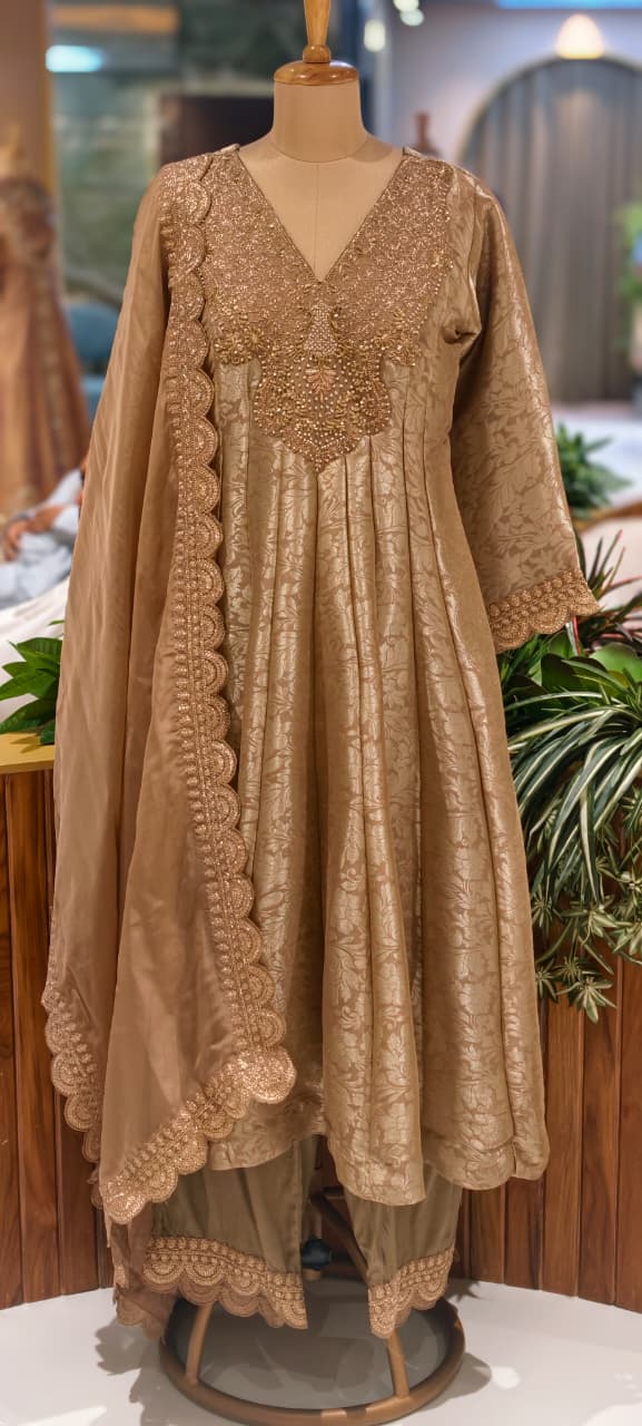 Jacquard Pattern Stunning Heavy Neck Embroidery Brocade Panel Anarkali Full Set- 14072 W36