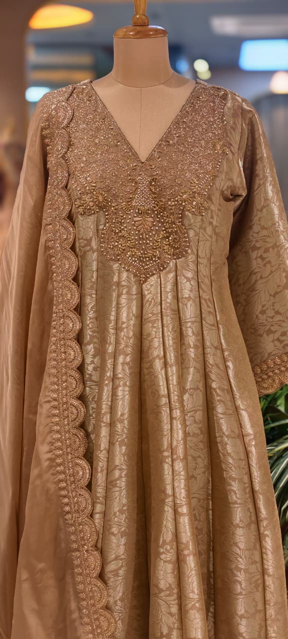 Jacquard Pattern Stunning Heavy Neck Embroidery Brocade Panel Anarkali Full Set- 14072 W36