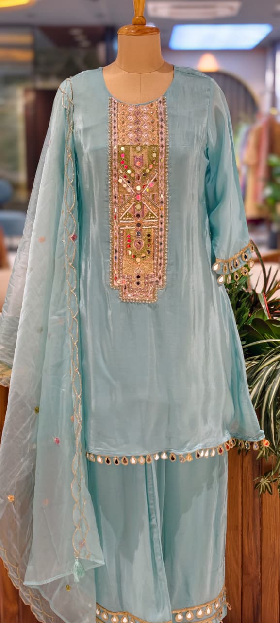 Royal Multicolor Yoke With Real Mirror Touch A-Line Full Suit Set With Dupatta In HO Silk Fabric- 14074 W45