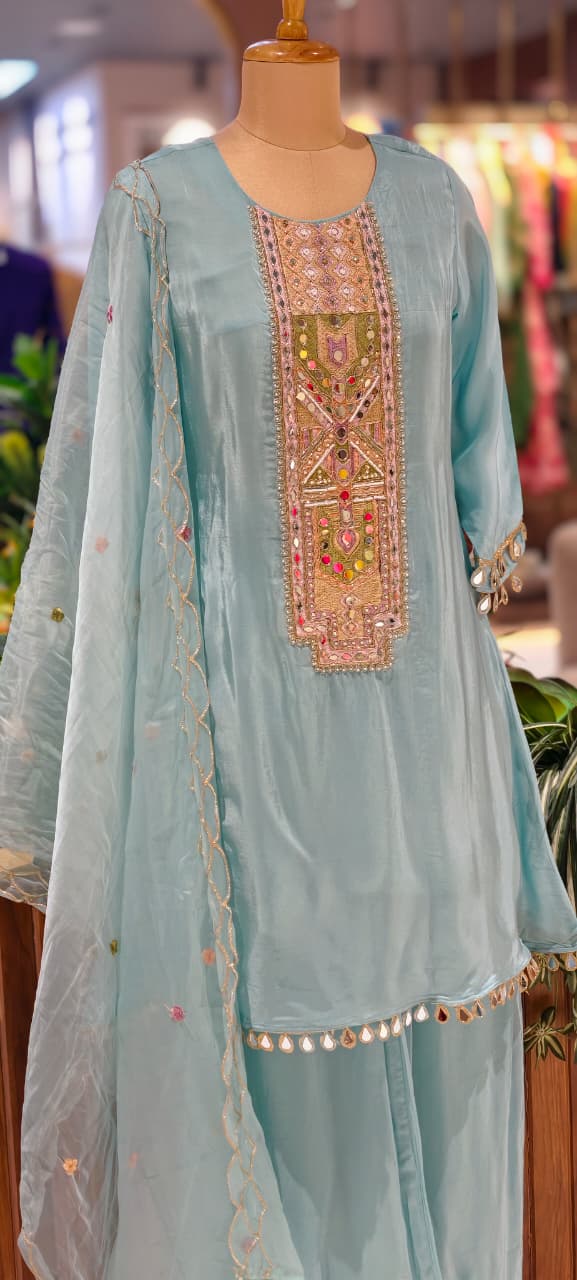 Royal Multicolor Yoke With Real Mirror Touch A-Line Full Suit Set With Dupatta In HO Silk Fabric- 14074 W45