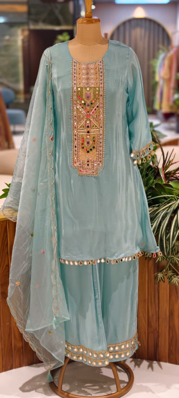 Royal Multicolor Yoke With Real Mirror Touch A-Line Full Suit Set With Dupatta In HO Silk Fabric- 14074 W45