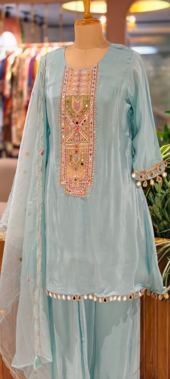 Royal Multicolor Yoke With Real Mirror Touch A-Line Full Suit Set With Dupatta In HO Silk Fabric- 14074 W45