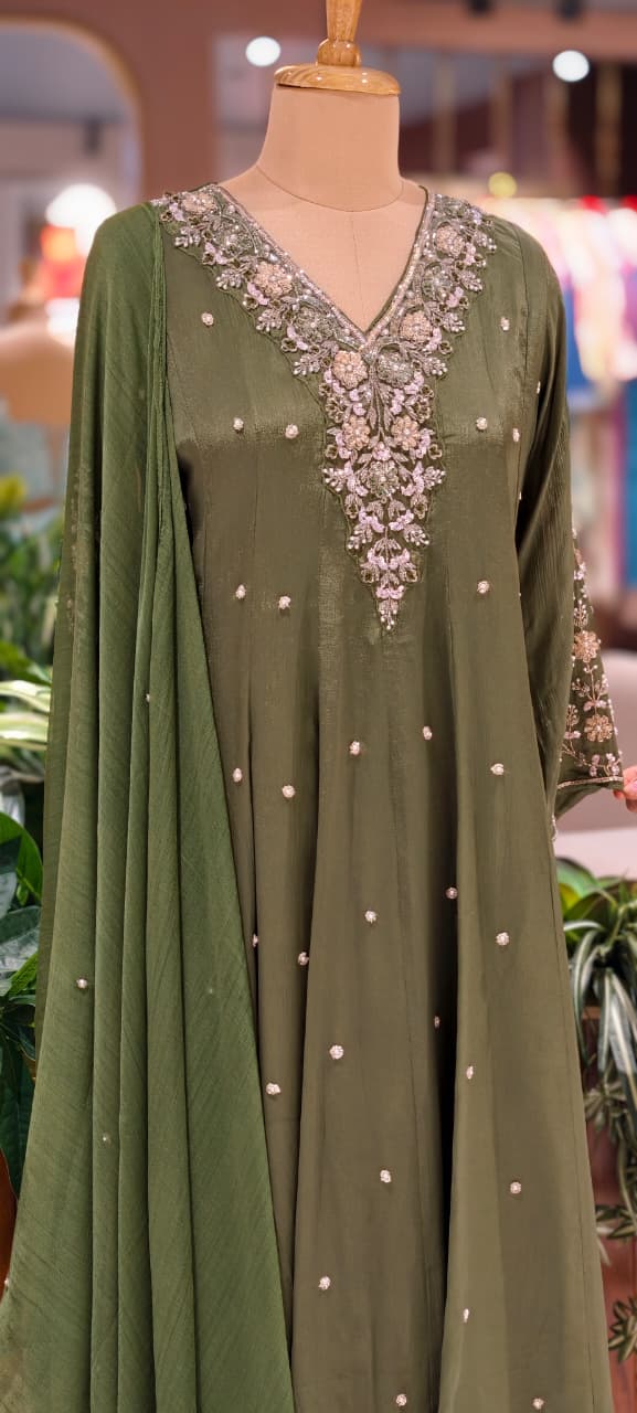 Premium Chinon Fabric Anarkali Full Suit Set with Intricate Hand Embroidery 13997 W48