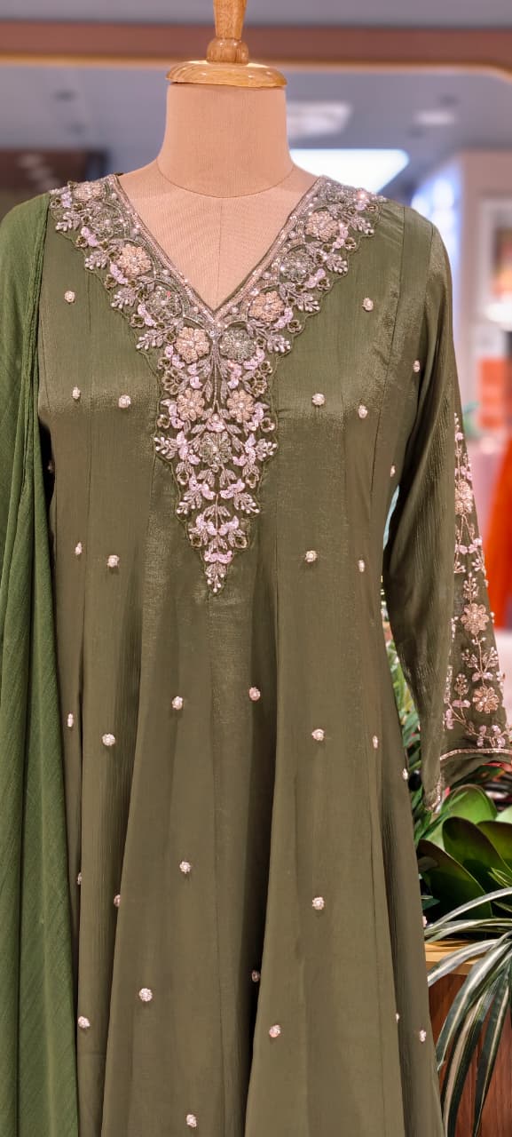 Premium Chinon Fabric Anarkali Full Suit Set with Intricate Hand Embroidery 13997 W48