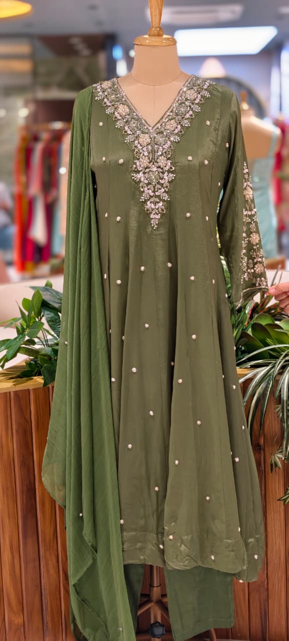 Premium Chinon Fabric Anarkali Full Suit Set with Intricate Hand Embroidery 13997 W48