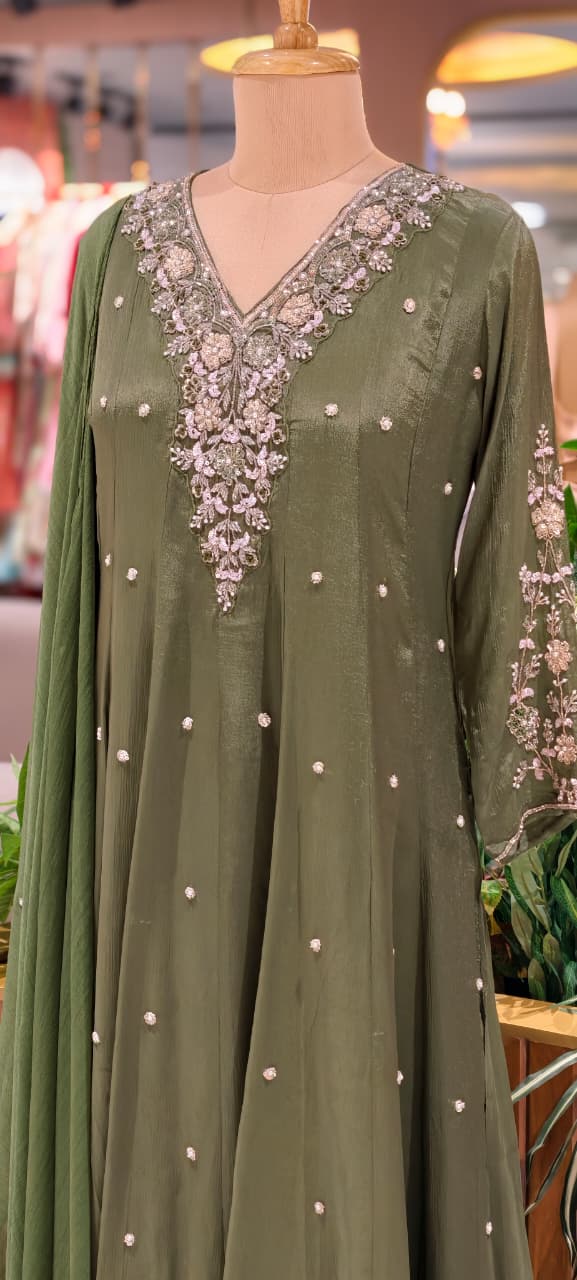 Premium Chinon Fabric Anarkali Full Suit Set with Intricate Hand Embroidery 13997 W48