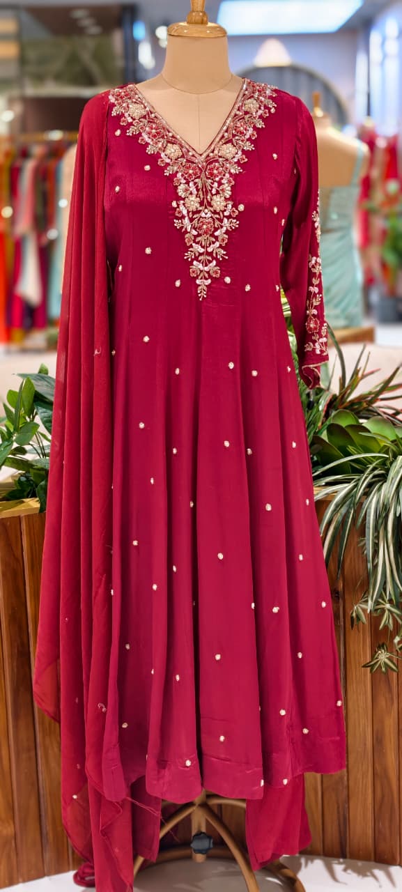 Premium Chinon Fabric Anarkali Full Suit Set with Intricate Hand Embroidery 13997 W48