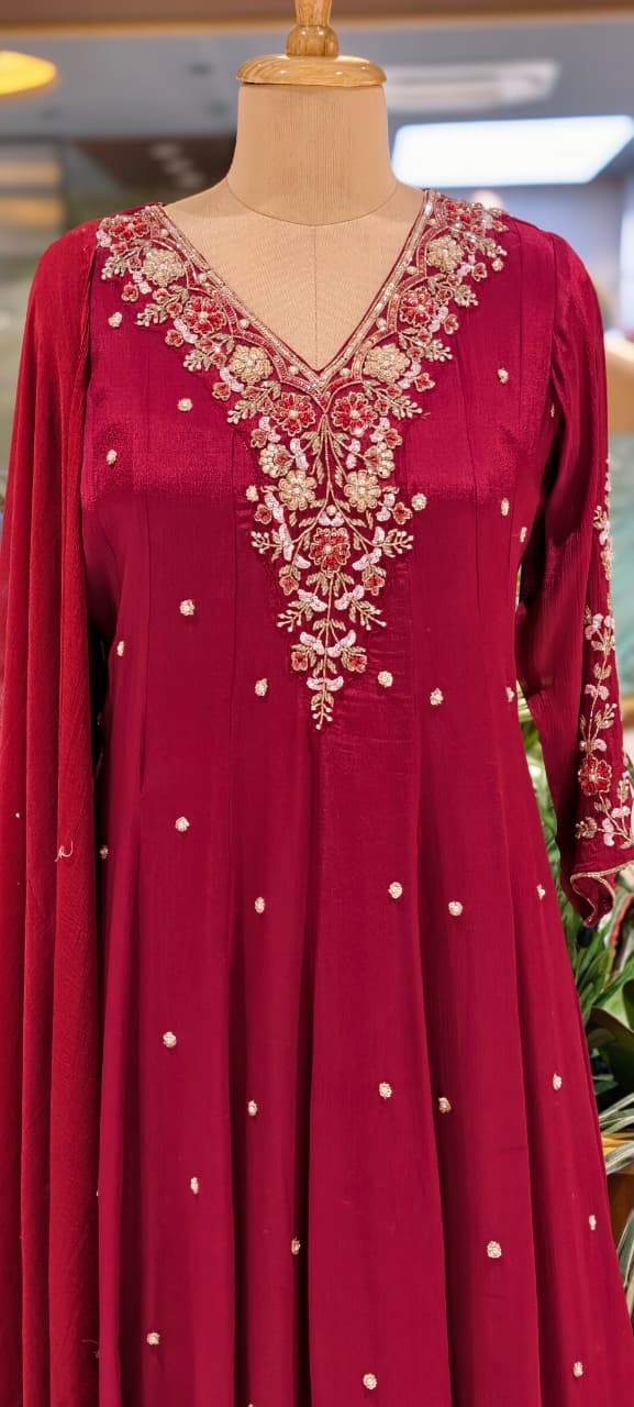 Premium Chinon Fabric Anarkali Full Suit Set with Intricate Hand Embroidery 13997 W48