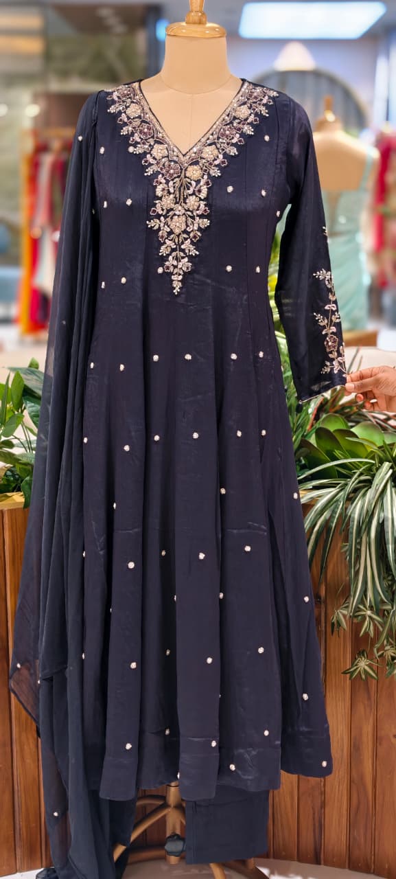 Premium Chinon Fabric Anarkali Full Suit Set with Intricate Hand Embroidery 13997 W48