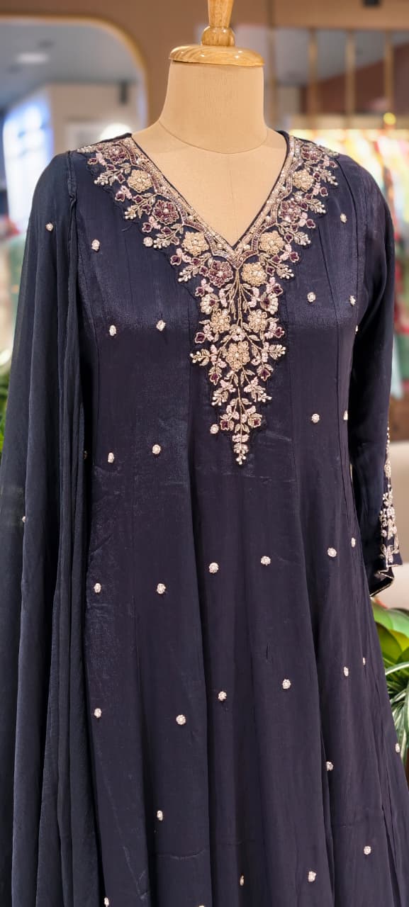 Premium Chinon Fabric Anarkali Full Suit Set with Intricate Hand Embroidery 13997 W48