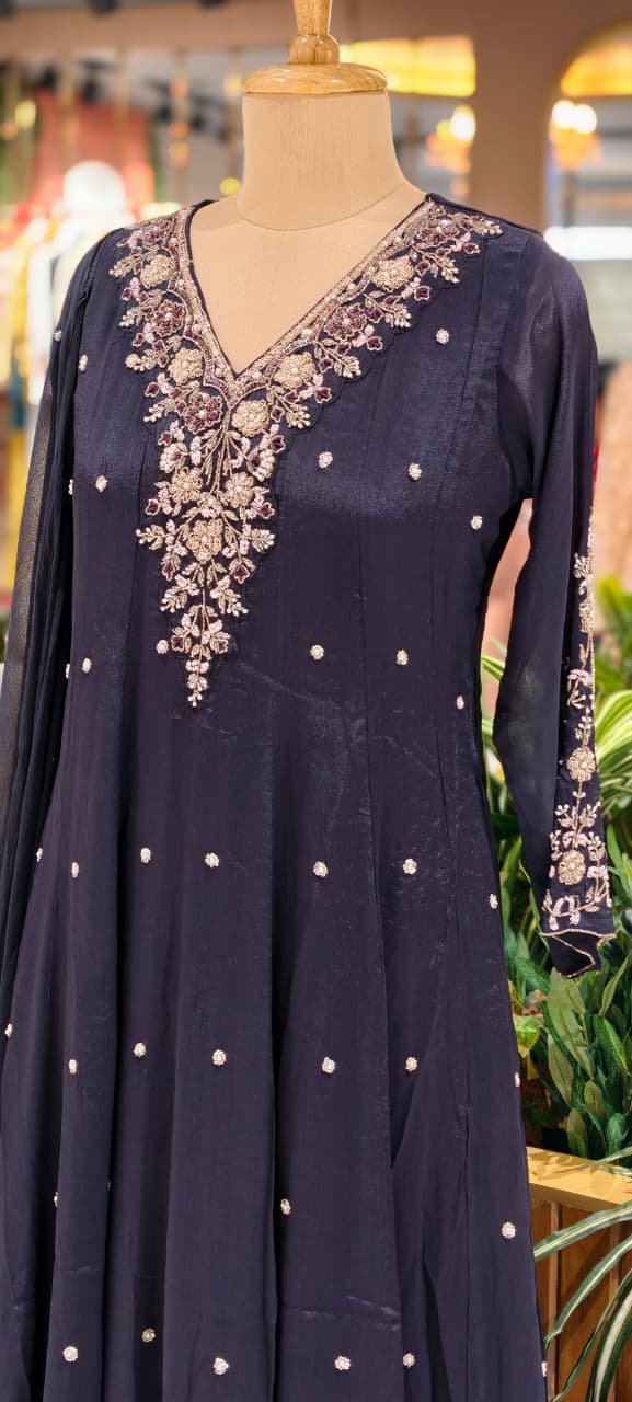 Premium Chinon Fabric Anarkali Full Suit Set with Intricate Hand Embroidery 13997 W48