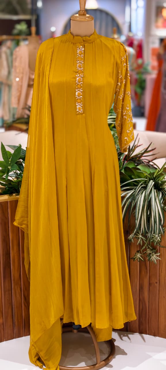 Minimal Sequin Heavy Embroidery Work In Sleeve Solid Chinon Anarkali Full Suit 14008 W50