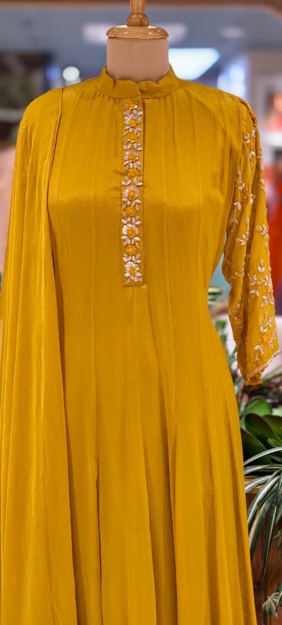 Minimal Sequin Heavy Embroidery Work In Sleeve Solid Chinon Anarkali Full Suit 14008 W50