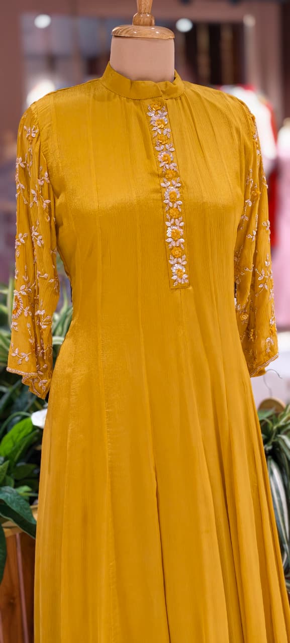 Minimal Sequin Heavy Embroidery Work In Sleeve Solid Chinon Anarkali Full Suit 14008 W50