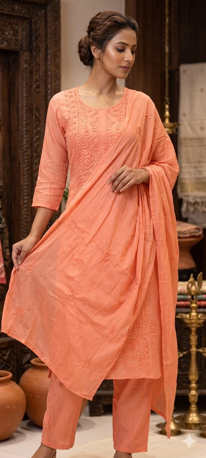 Premium Crush Mul Chanderi Fabric Straight Cut Full Suit Set with Thread Embroidery 14084 W60