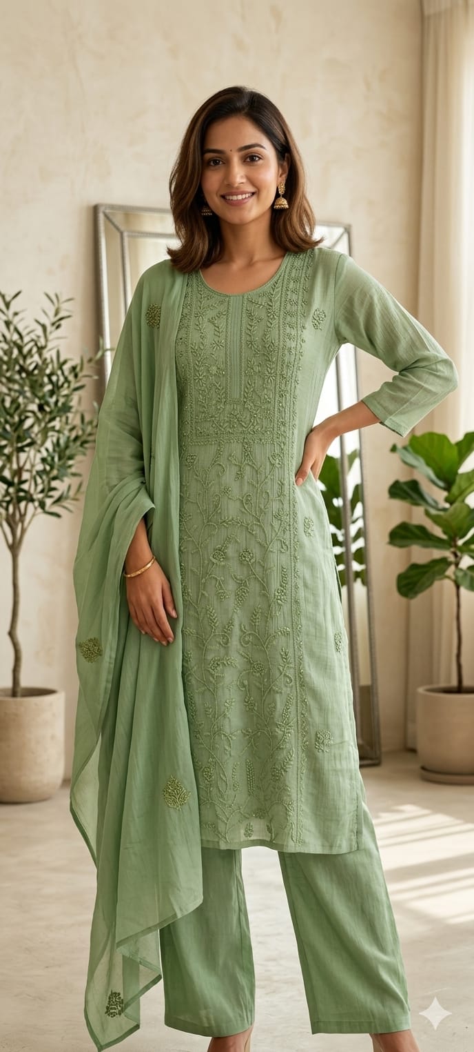 Premium Crush Mul Chanderi Fabric Straight Cut Full Suit Set with Thread Embroidery 14084 W60