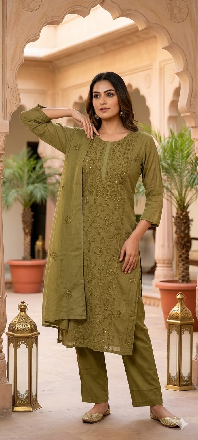 Premium Crush Mul Chanderi Fabric Straight Cut Full Suit Set with Thread Embroidery 14084 W60